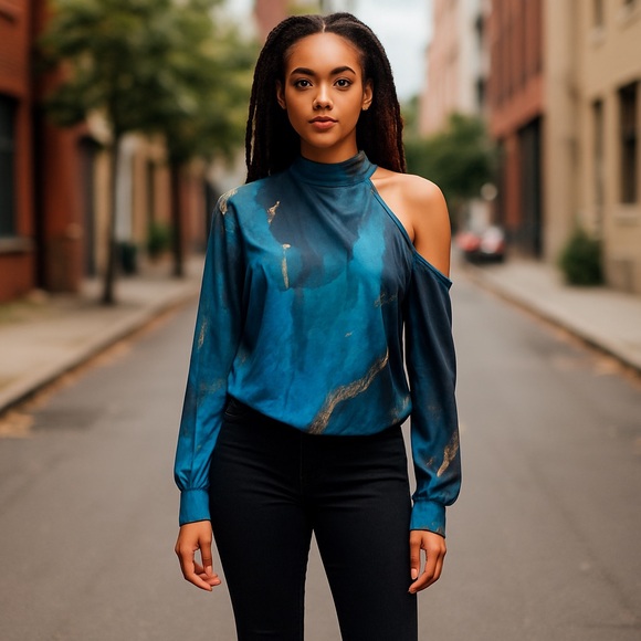 Asymmetrical Cut Out Shoulder Blouse in Beautiful Aqua Blues 💙 - Picture 1 of 5